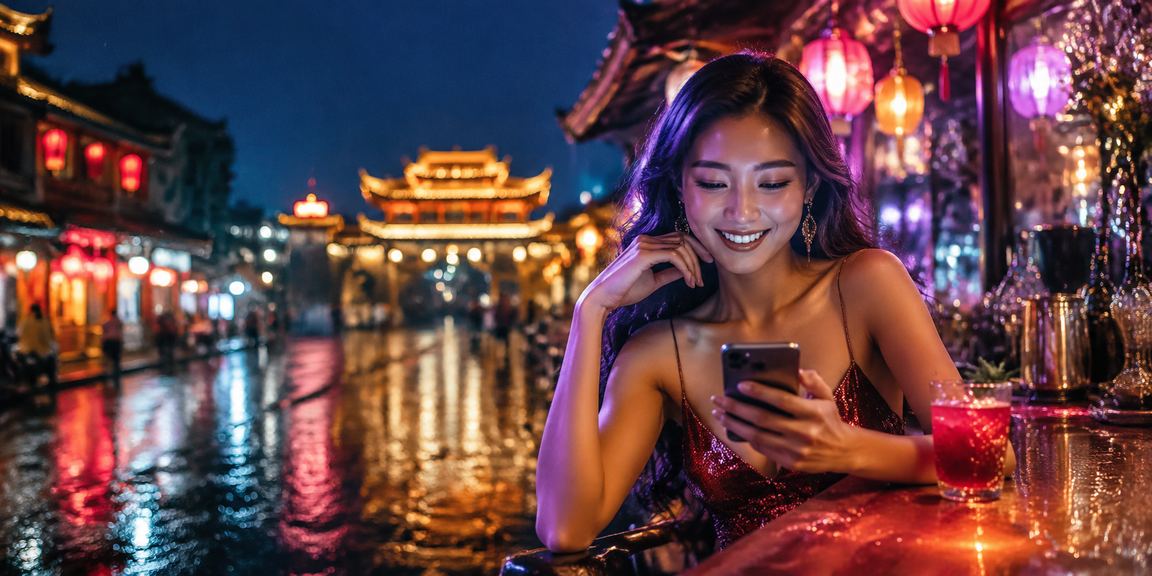 Màn hình điện thoại sáng đèn neon hiển thị giao diện casino trực tuyến tại Huế về đêm