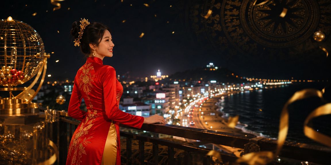 Người phụ nữ mặc áo dài tại Phan Thiết xem kết quả xổ số trên điện thoại